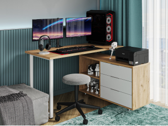 Стол письменный с тумбой С-60051 дуб крафт золотой/меренга/каркас белый