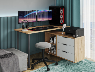 Стол письменный с тумбой С-60050 дуб крафт золотой/меренга/каркас черный